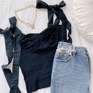 Black bow shoulder top blouse